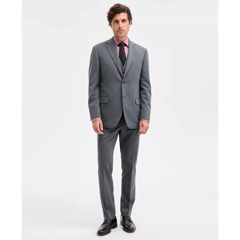 DKNY Men's 3-Piece‎ Suit 48R 42Wx32L Black Modern Fit Vested Gray Pindot